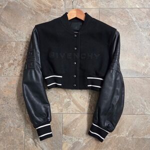 GIVENCHY Cropped Wool LEATHER Varsity Bomber Jacket Black White Ribbed Size 34